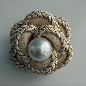 Faux Pearl Camellia Linen Flower Brooch with Cream and Gold Braided Trim